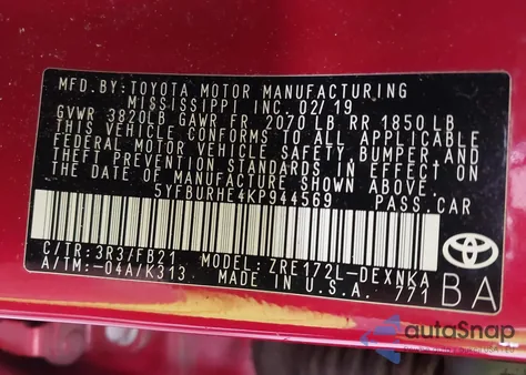 2019 Toyota Corolla Le из США, поврежденный, VIN 5YFBURHE4KP944569